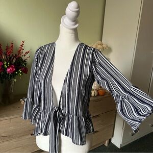 Navy & White Stripe Front Tie Ruffle Flare 3/4 Sleeve Wrap Top Shirt Blouse XS-S
